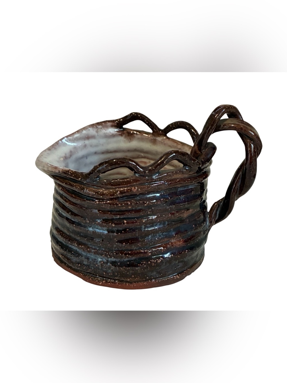 VINTAGE HANDMADE POTTERY CREAMER TWISTED HANDLE EARTHENWARE